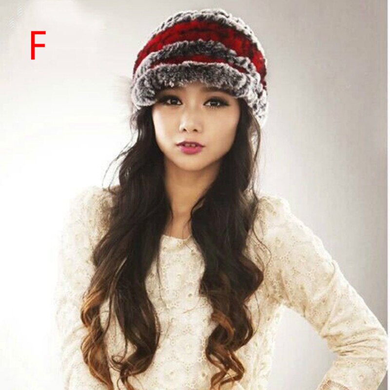Kaninpels strikket hue vinter kvinders tyk varm andetunge uldhat: F