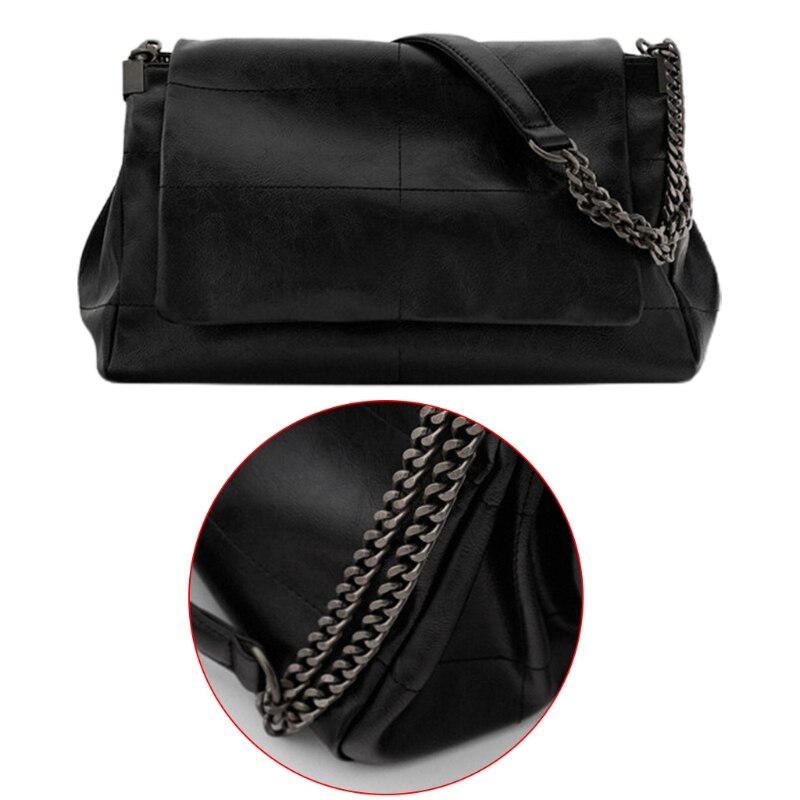 Dames zwarte rock flap schoudertas met kettingriem, handtas van imitatieleer