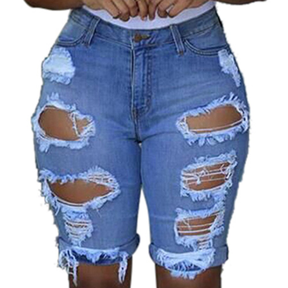 Spodenki damskie femme élastique trou détruit pantalon court Short en jean jean déchiré Short en jean femme: Bleu / S