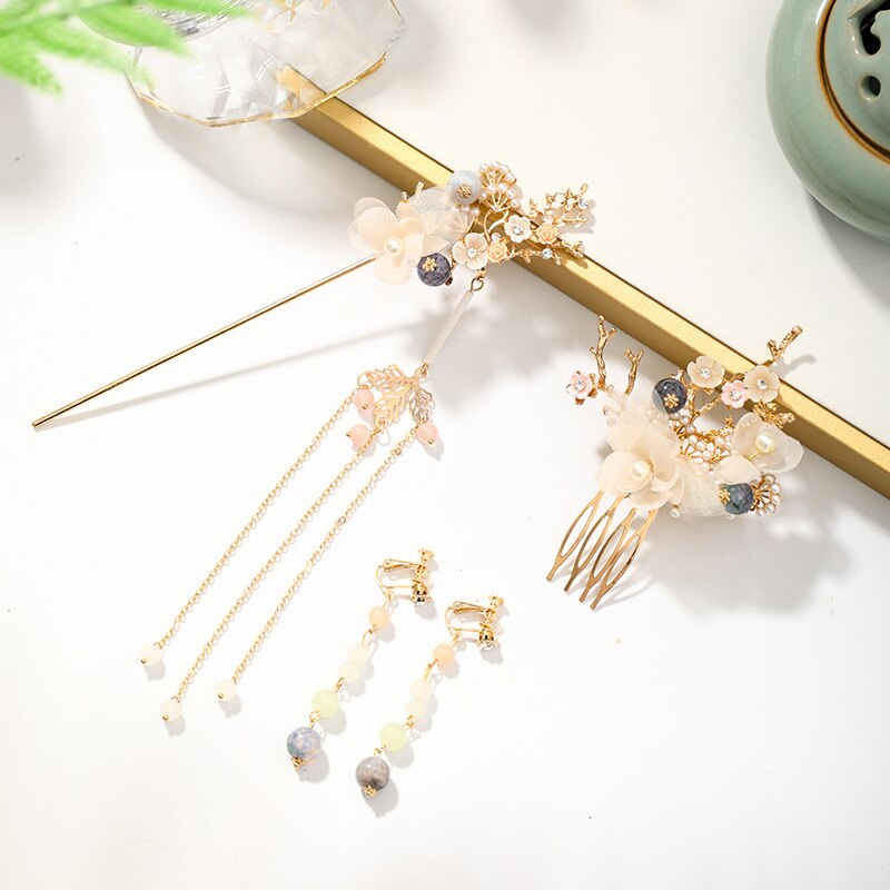 Chinese Long Hair Stick tiara Headpiece Women Hair Accessories Flower Crystal Pearl Hair Pins Handmade Hair Jewelry Accessories: GZ434T