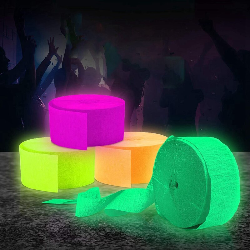 Decoración de cinta de , papel crepé de neón, suministros y accesorios para fiestas con luz negra fluorescente, 8 paquetes