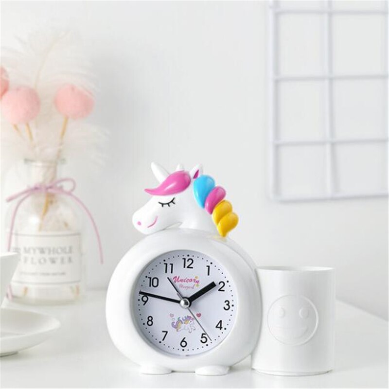 Eenhoorn Kids Wekker Leuke Bureau Klok Met Pennenhouder Brush Pot Home Decoratie Будильник Kids Brithday: White