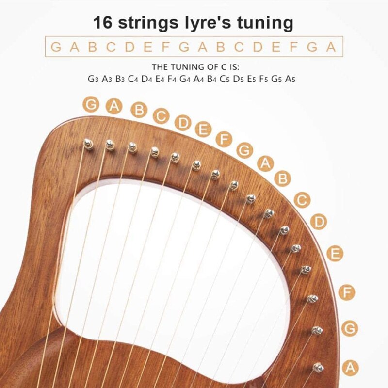Lyre Harp, 16 String Wood Body Wood Veneer Top String Instrument Body Instrument with Tuning Wrench and Carry Bag
