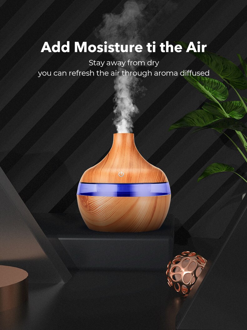 Elektrische Luchtbevochtiger Essentiële Aroma Olie Diffuser Ultrasone Houtnerf Luchtbevochtiger Usb Mini Mist Maker Led Licht