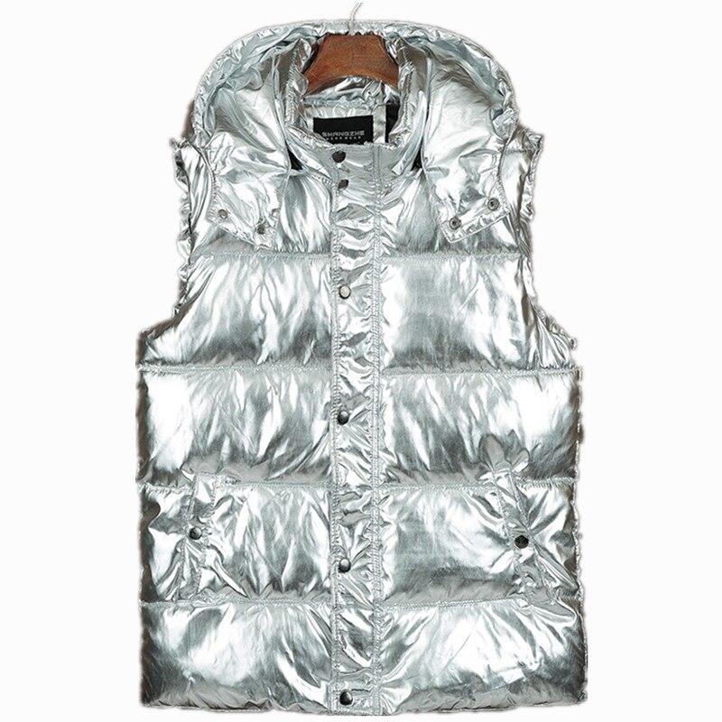 Glossy Vest Mannen Winter Mouwloze Jassen Goud Zilver Toevallige Stevige Dikke Warme Vesten Hooded Jassen Mannelijke Vest Jassen