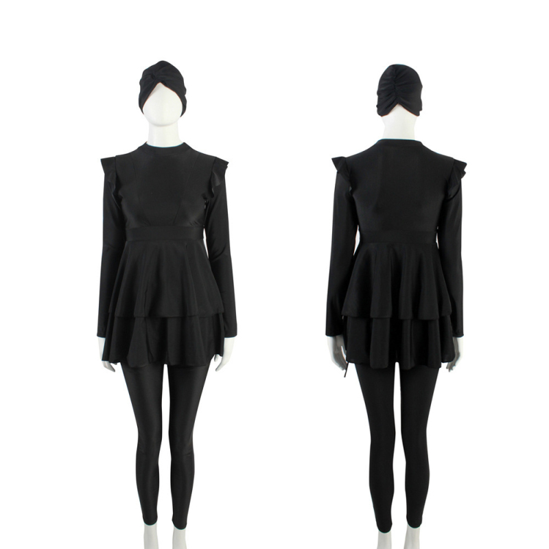 Costume da bagno 3 pezzi donna modestia nera Burkinis cuffia da nuoto increspature top pantaloni lunghi costume da bagno arabo musulmano costumi da bagno costumi da bagno: M