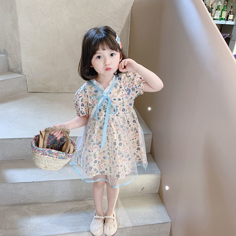 Lisunny Meisjes Casual Jurk Zomer Kinderen Prinses Jurk Kant Afdrukken Korte Mouwen Jurk Kinderen Kleding