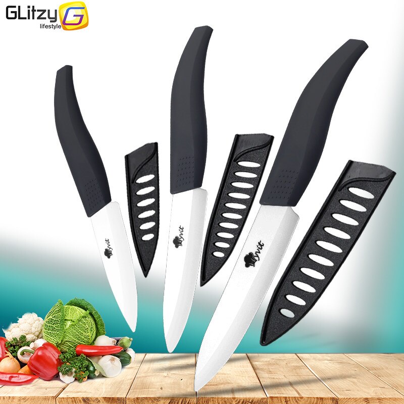 Kniv kök 3 4 5 tums kock keramisk kniv zirconia vitt blad tredelat set frukt grönsak färg matlagning knivar skärare: Svart handtag