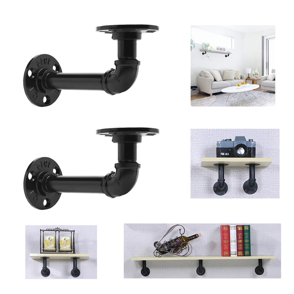 90 Graden Bocht Dubbele Flenzen Industriële Ijzeren Pijp Plank Beugels Rustieke Pijp Beugel Black Metal Wandmontage Vintage Meubels