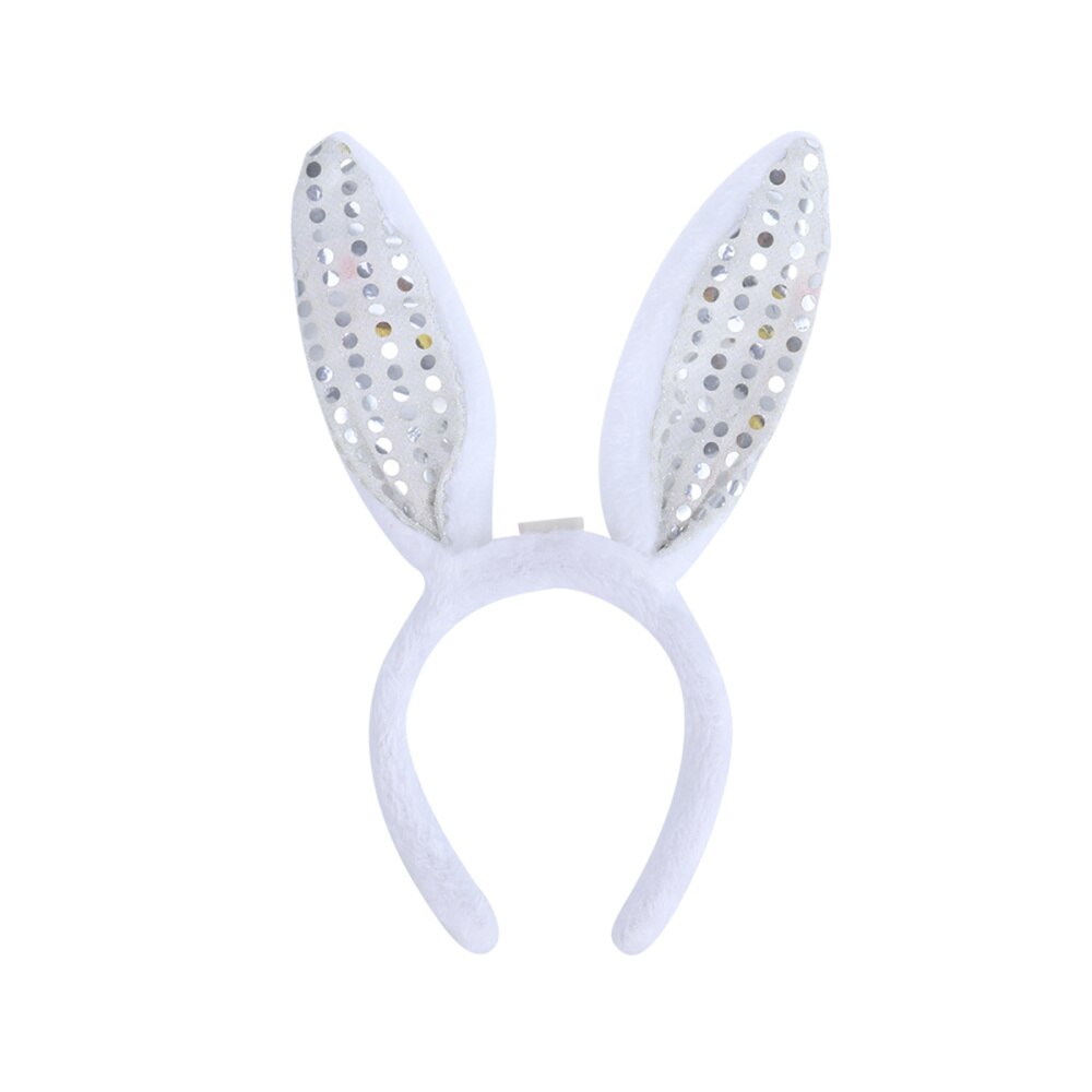 LED Bunny Ear Headband Flashing Sequins Rabbit Ear Hair Hoop Heardwear for Easter Christmas Party (White)