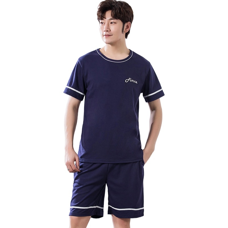 Pyjama Männer 4XL Sommer Dunkelblau Freizeit Zeit verlieren Reine Baumwolle Kurzarm kurze Hose Jugendliche Routine Hause Tragen Einrichtung Dienen