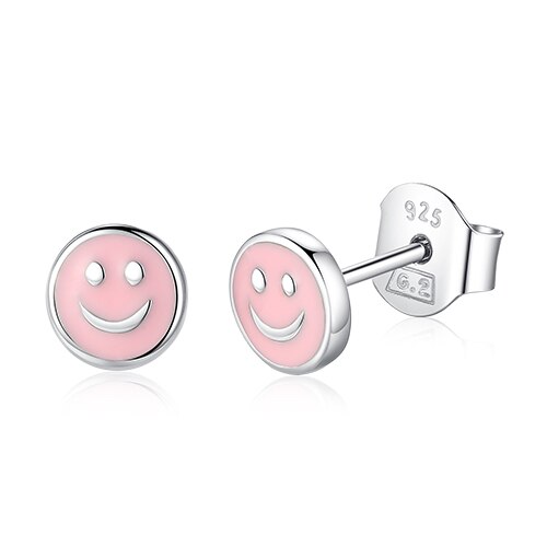 Belawang 925 Sterling Zilver Stud Oorbellen Voor Vrouwen Meisjes Roze Geel Enamel Glimlach Gezicht Oorbellen Sieraden Voor Kids Kinderen: PINK