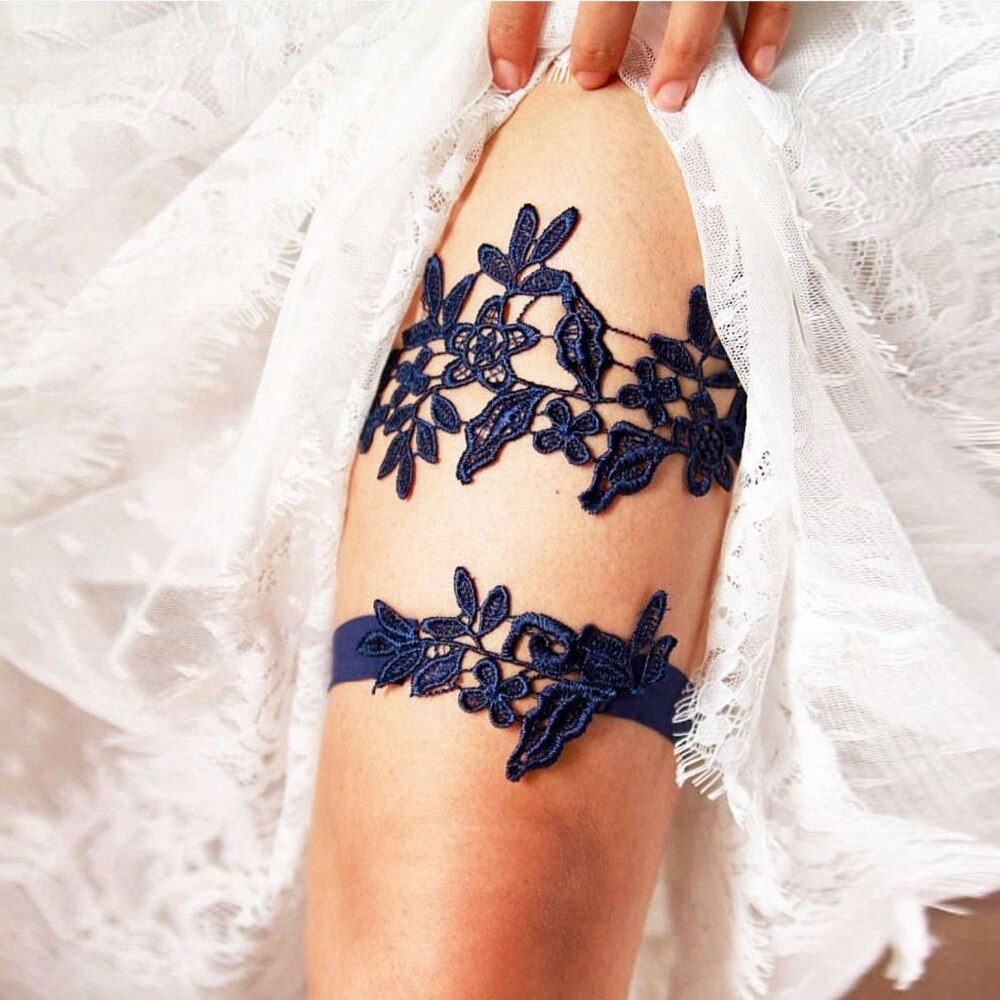 White Navy Wedding Garter Set Something Blue Embroidered garter Simple Bridal Garter Lace Wedding Garter Bridal Shower