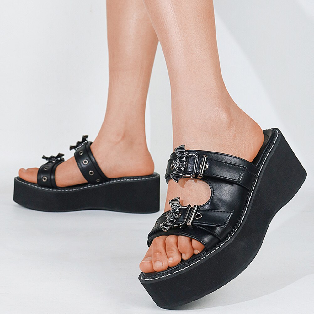Platform Bat Gesp Slip Op Goth Open Teen Platform Zomer Vrouwen Sandalen Wiggen Gesp Leisure Casual Goth slippers: 7.5