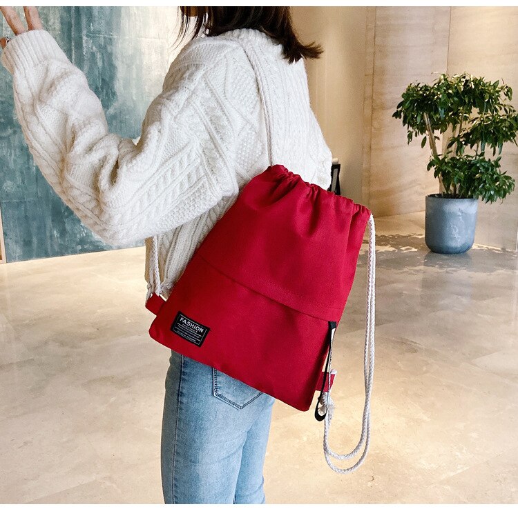 Women Casual Canvas Drawstring Backpack Men Solid Color Letter Pattern Bag Drawing Straps Closure Outdoor Bag