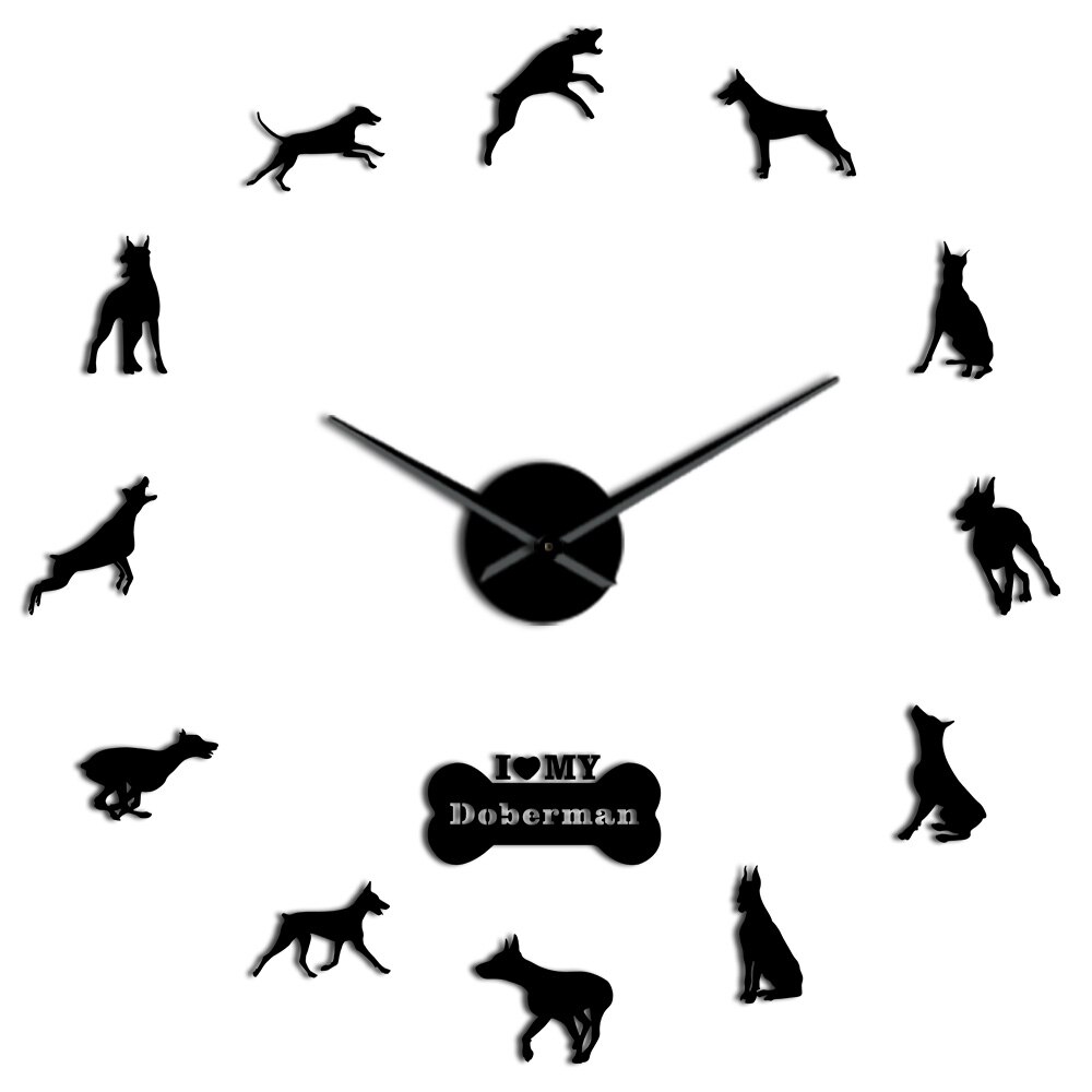 Doberman Pinscher 3D DIY Silent Wall Clock Quartz Clock Watch Battery Operated Pet Store Framless Wall Decor for Dog Lover: Black / 47inch