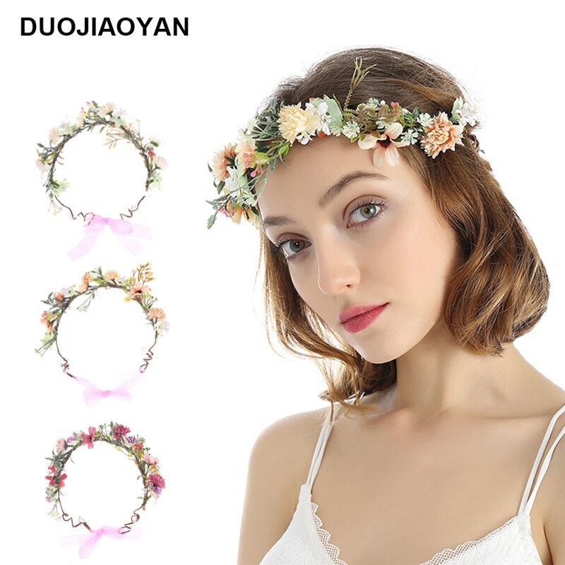DUOJIAOYAN Color Flower Crown Tiara bridal Hair Wreath Women Fabric Artificial Flower Headband Wedding Hair Accessories