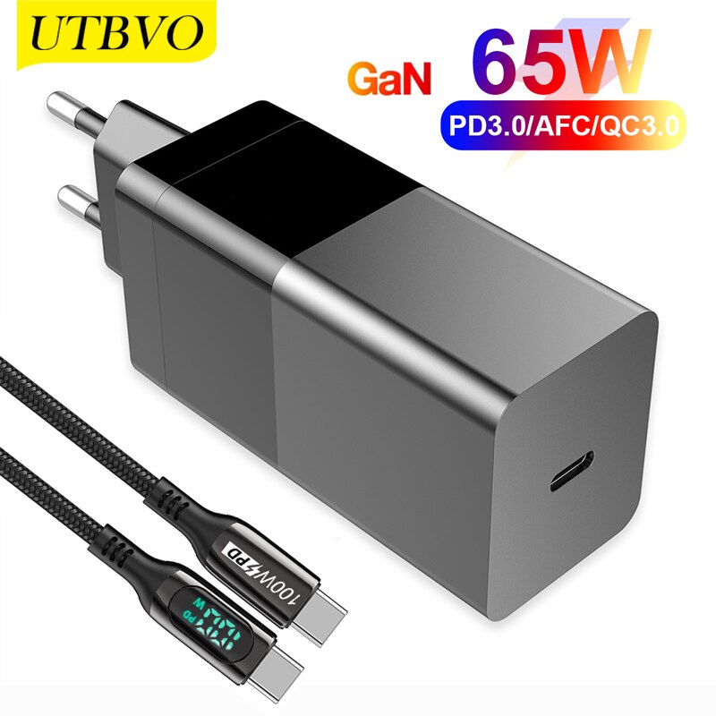 UTBVO 65W One-Port GaN USB-C Wall Charger for Laptops, Tablets and Phones with Power - Black (non-PPS)