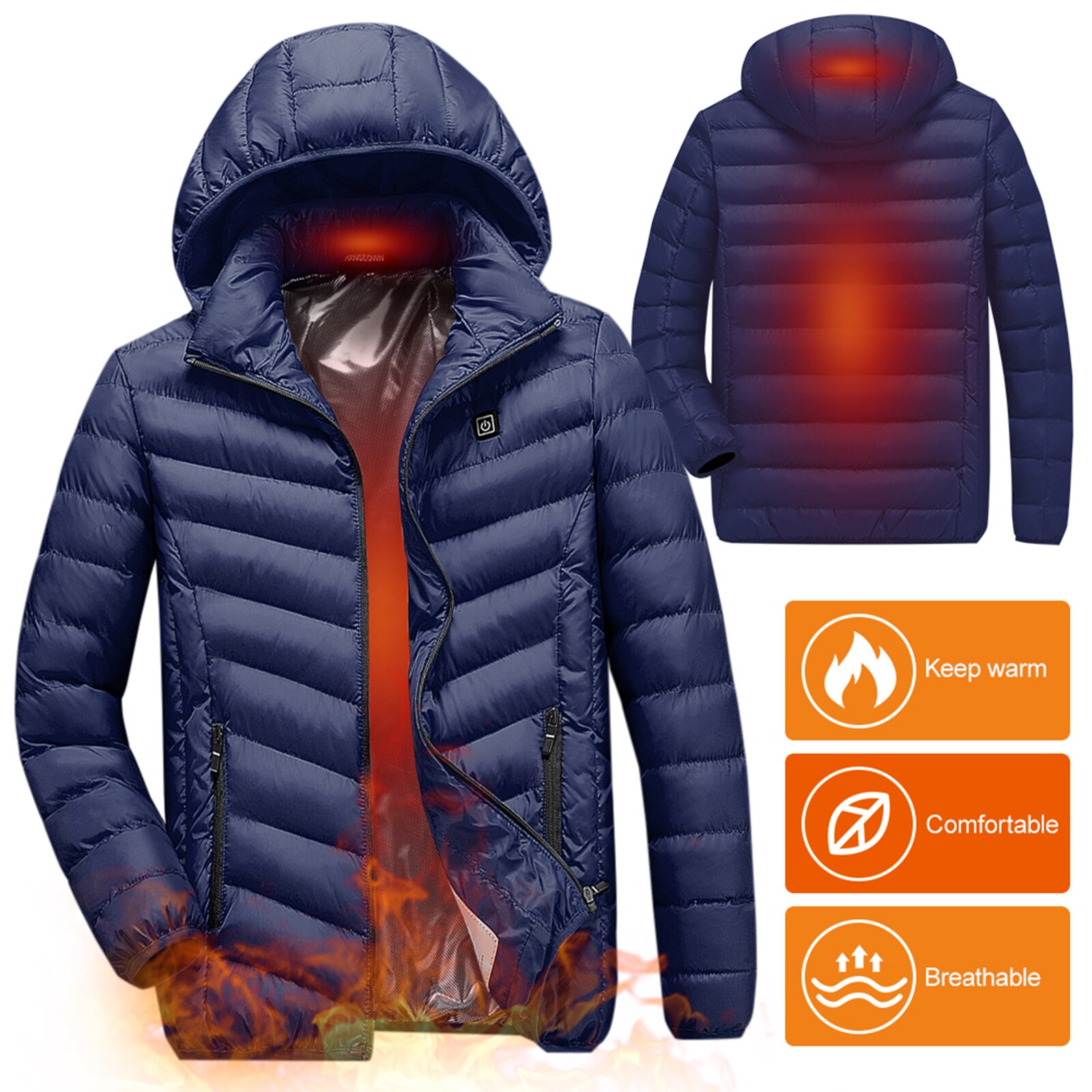 Electric Heating Coat Men Women USB Charging Heated Jacket with Removable Hood for Walking Camping Ice Snowboard coat Plus Size: 4XL / Blue