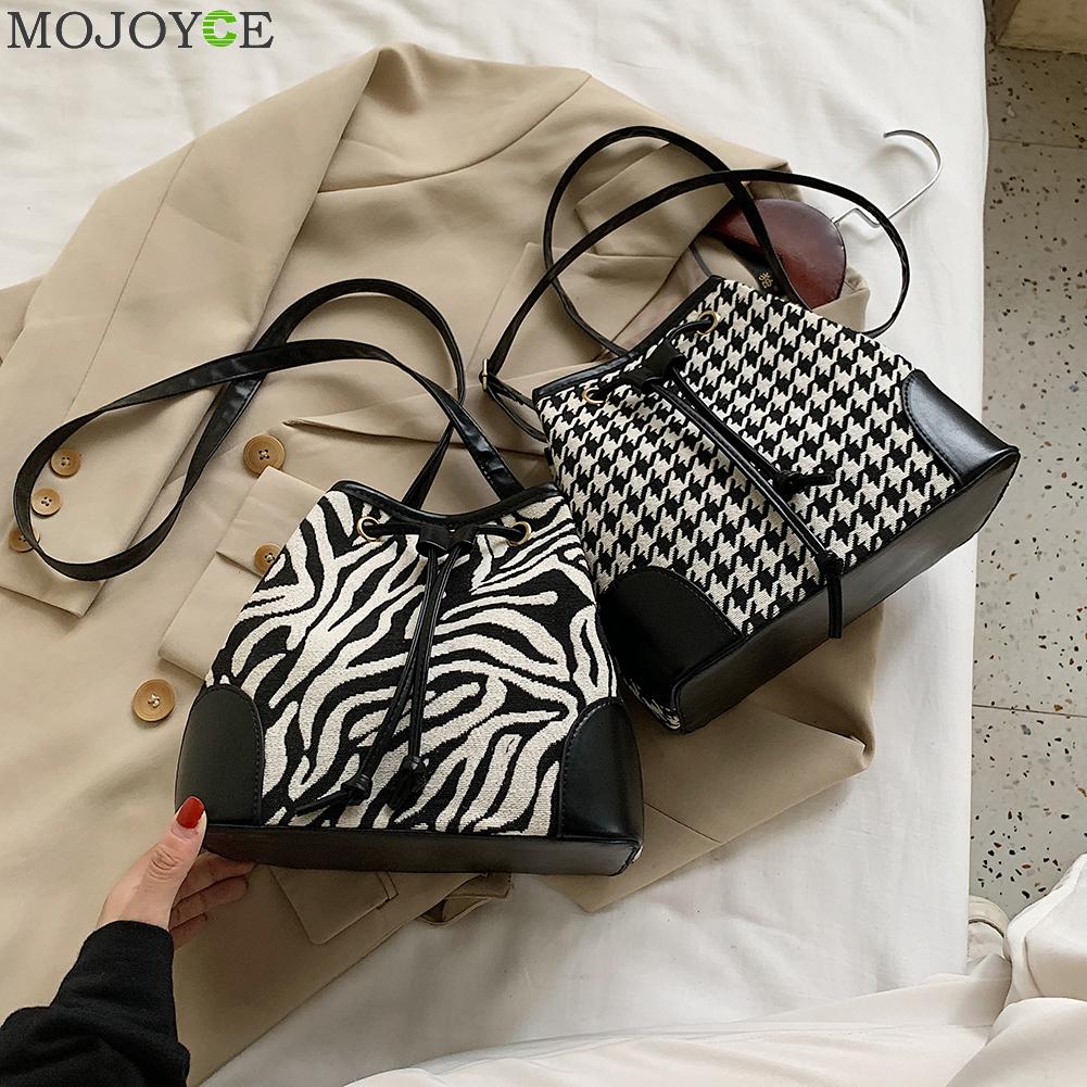 Mode Trekkoord Emmer Messenger Bag Vrouwen Zebra Plaid Patroon Lady Pu Splicing Schouder Crossbody Pouch