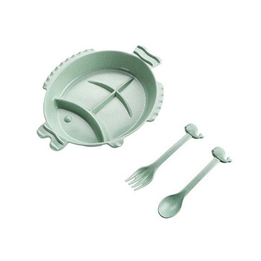 3Pcs Baby Feeding Dishes Set Bowl Plate Forks Spoon Kids Dinnerware Wheat Fiber Children's Tableware BPA free Eco Friendly: Green Fish Set