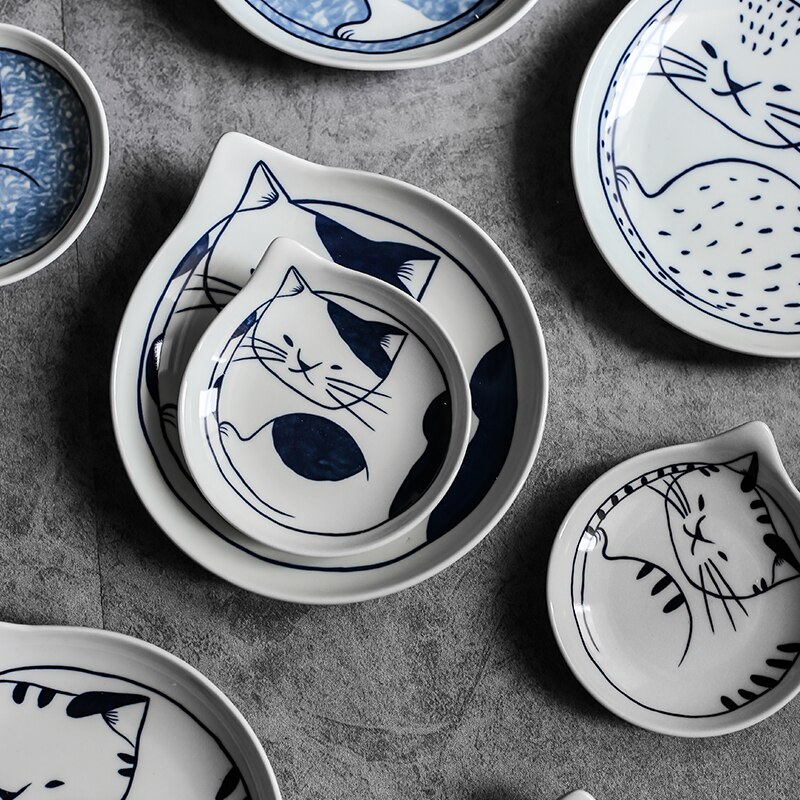 Assiettes en forme de larme en céramique de Style japonais ensembles de vaisselle de fruits dessin animé mignon motif de chat chanceux