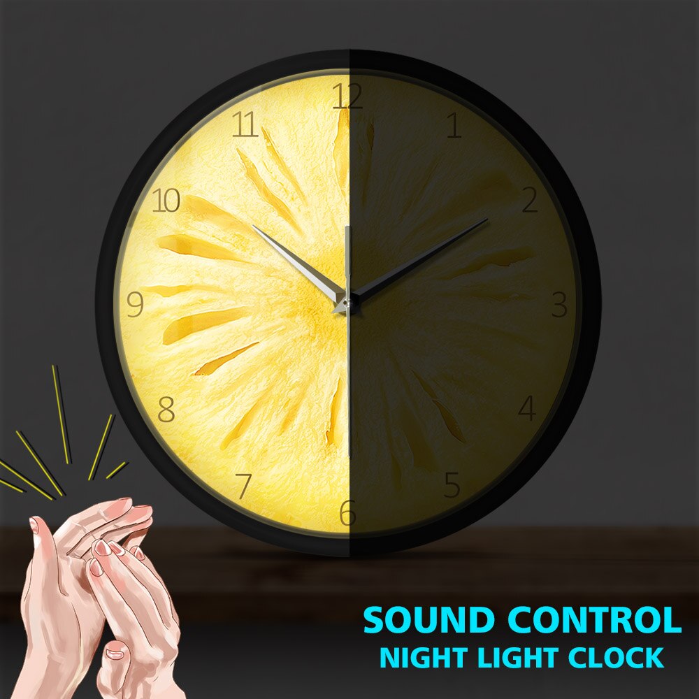 Ananas Fruit Slice Sound Control Wandklok Winkel Boss Keuken Tijd Horloge Met Led Verlichting Night Light Lamp