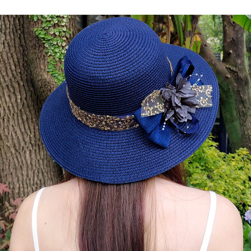Women Summer Women's Sun Hat Bucket Cap Beige Lace Bowknot Flowers Ribbon Flat Top Straw Hat Beach Caps Panama