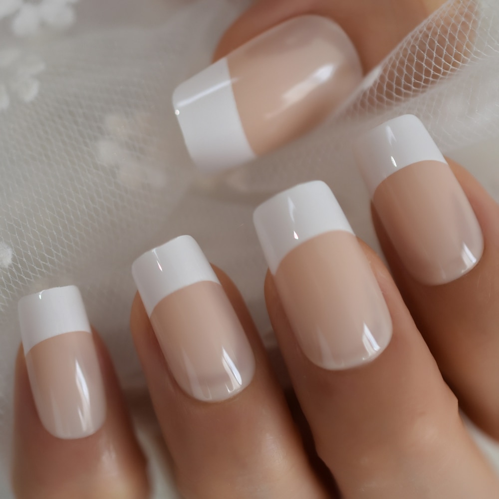 White V Shape French Nails Medium Stiletto Press On Nails Natural Color Predesigned Tips with Glue Sticker: L5636