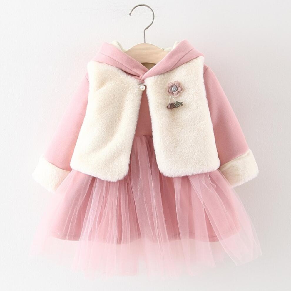 Moda uszy królika dziewczynka sukienka zimowa ładny gruby kaszmir sukienka + kwiat futro kamizelka dziewczyny odzież 2 sztuk zestaw dla 1 2 3 4 5 lat