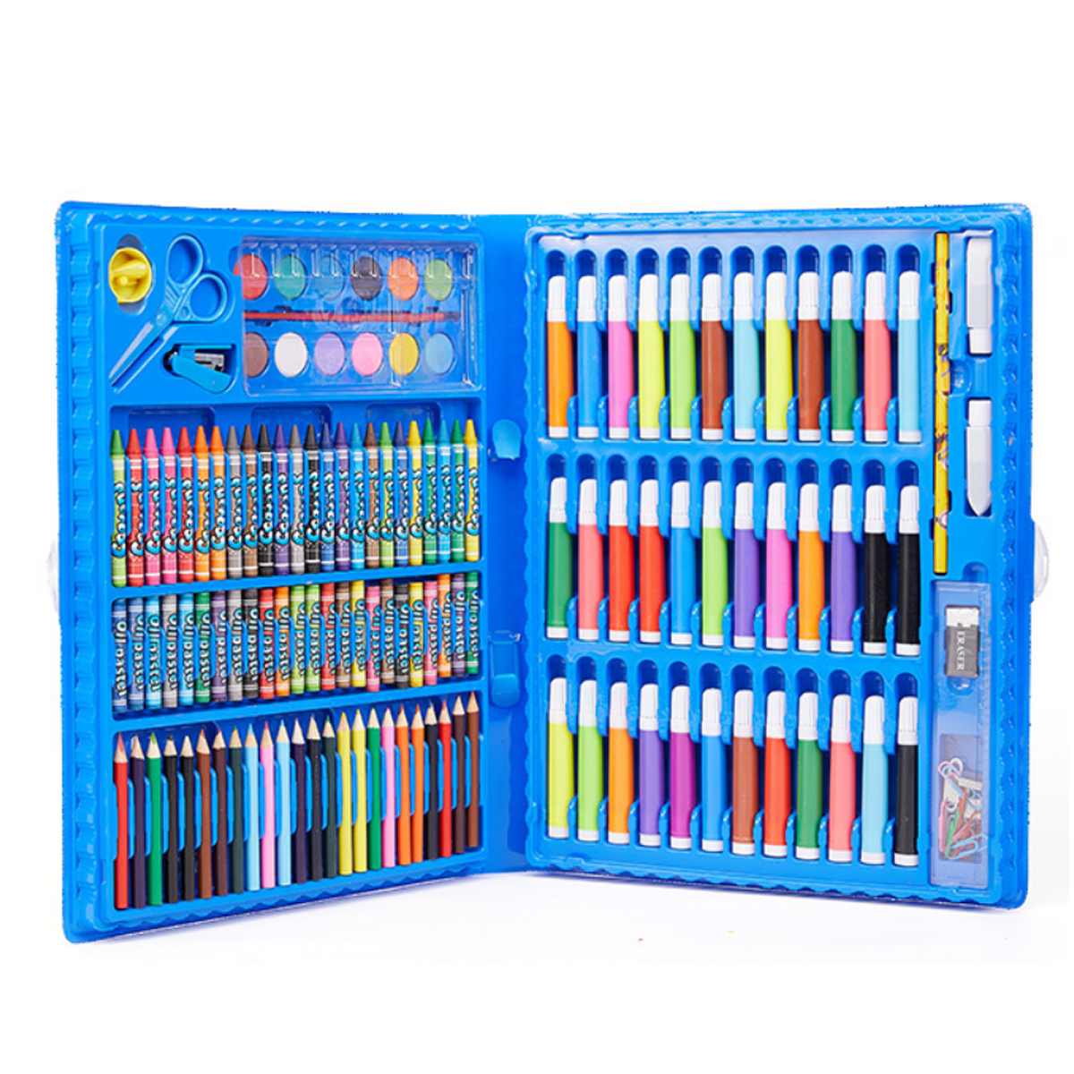 Juego de lápices artísticos de 150 Uds., juego de lápices de cera para pintar, rotuladores, pinceles, herramientas de dibujo, conjunto de suministros de guardería para: Blue 150PCS