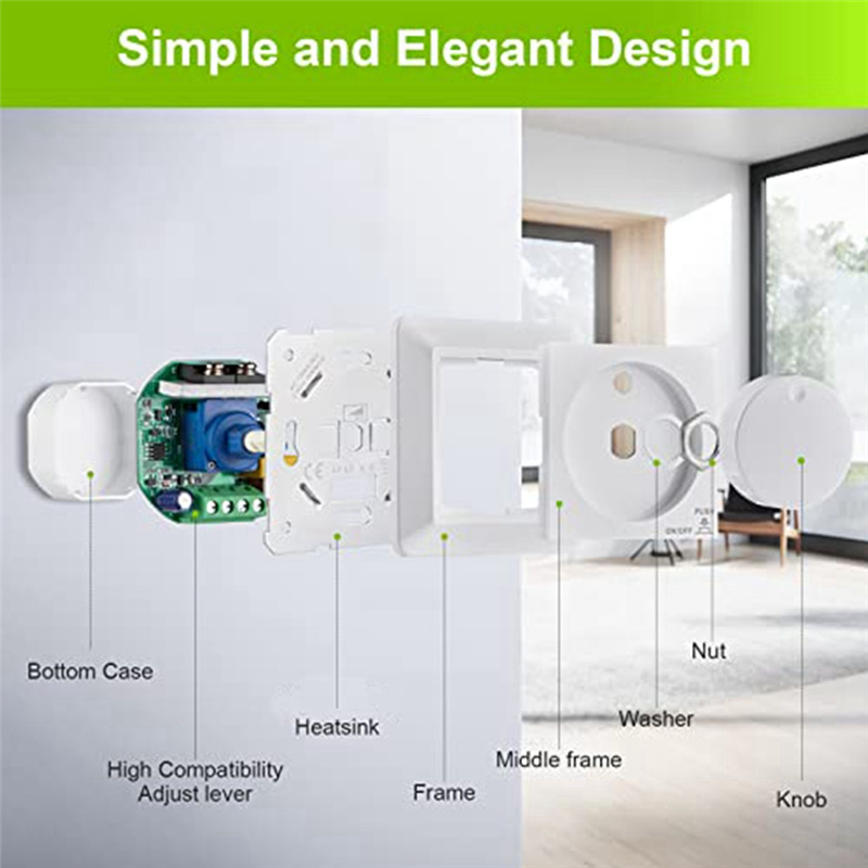LED Dimmer Switch, Flush-Mounted Dimmer for Dimmable LED and Halogen, 5-300 W Dimmer Switch LED, Phase Control Dimmer