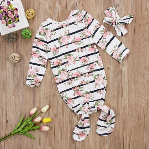 Newborn Infant Baby Girls Robes Long Sleeve Clothes 2Pcs Floral Striped Headband Outfit Autumn 0-12M