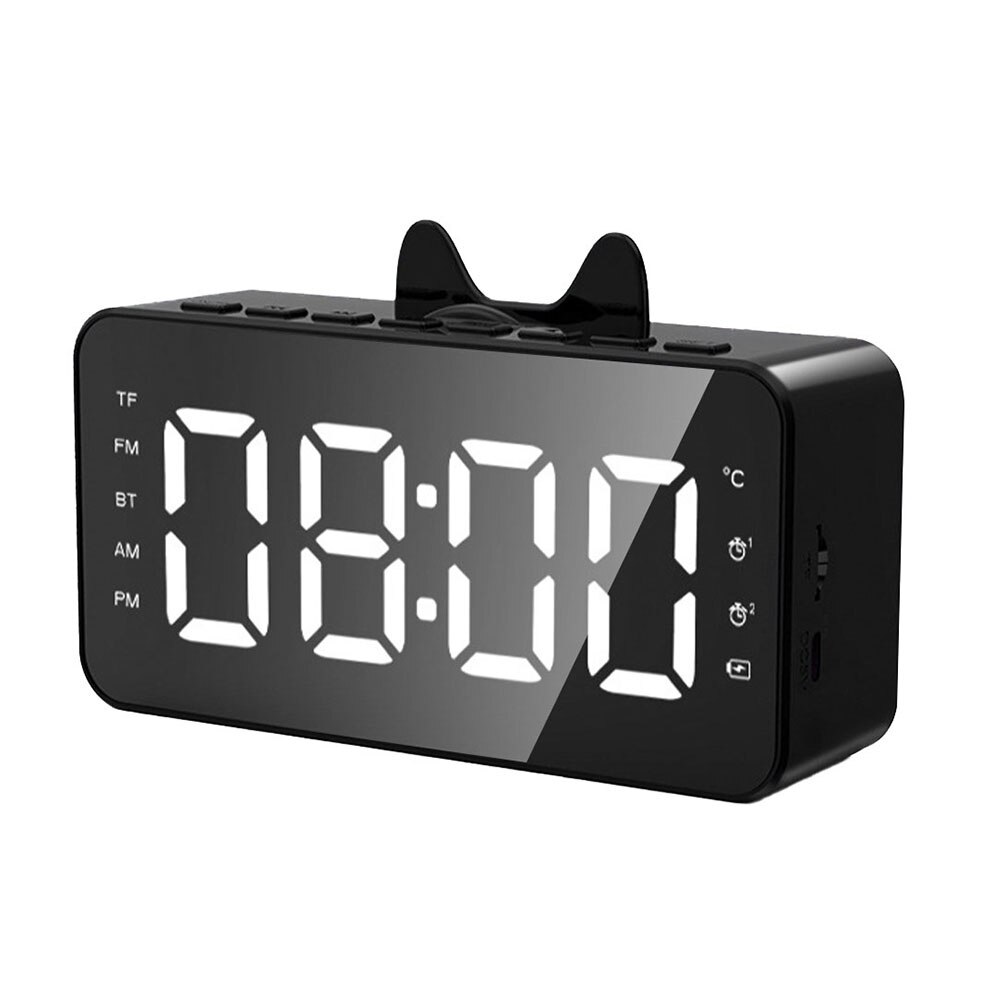 Multifunction LED Digital Dual Alarm Clock Bluetooth Speaker With FM Radio LED Mirror Wireless Music Player Snooze Temperature: Black