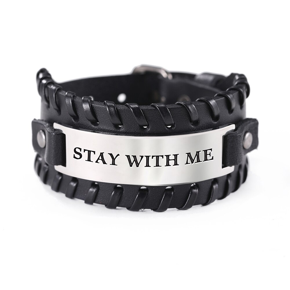 Skyrim-pulsera de cuero con palabras para hombre, brazalete de acero inoxidable, accesorios de joyería, de vida, estilo Punk: 4 black