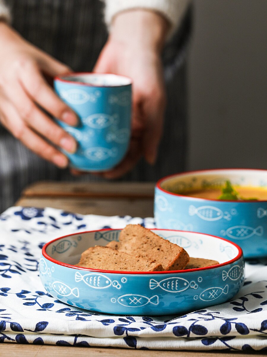 Hand painted ceramic tableware deep dish dish dish household Japanese dish simple fish dish bowl dish set Lovely tableware set