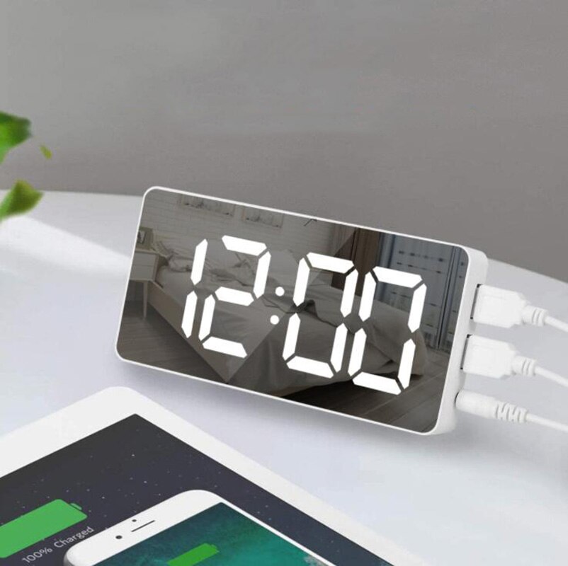 5.9 inch Mirror LED Alarm Clock Snooze Digital Clock Bedroom Dimmer Wake Up Light With Dual USB Charge Port Time Memory Function