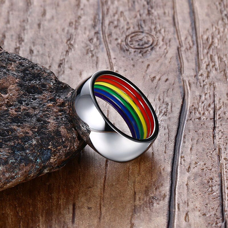 Innvendig regnbue lgbt ring for menn rustfritt stål bryllup band ring 8mm brede gay pride smykker