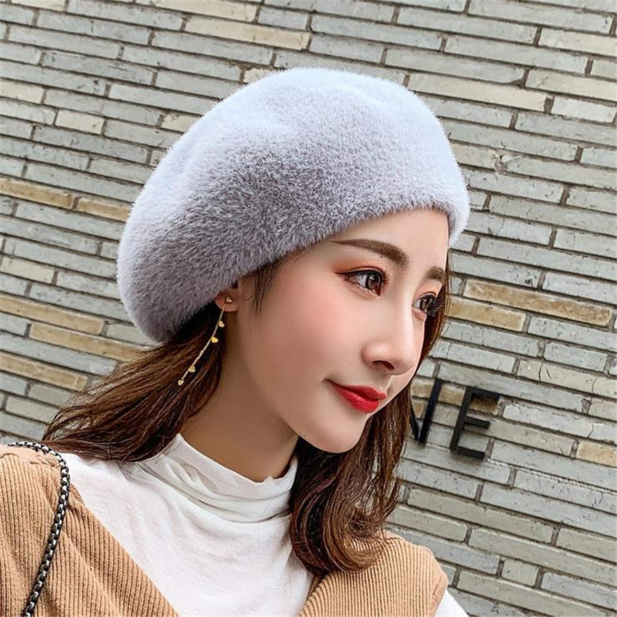 Faux velvet woman beret ladies Parisian style hats autumn winter night hat woman girl birthday christmas: Gray