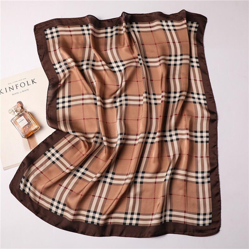 Foulard en soie de marque de luxe, foulard carré imprimé à carreaux, accessoires en satin pour sacs, foulards, foulard en mousseline de soie, hijab, bandana: 005