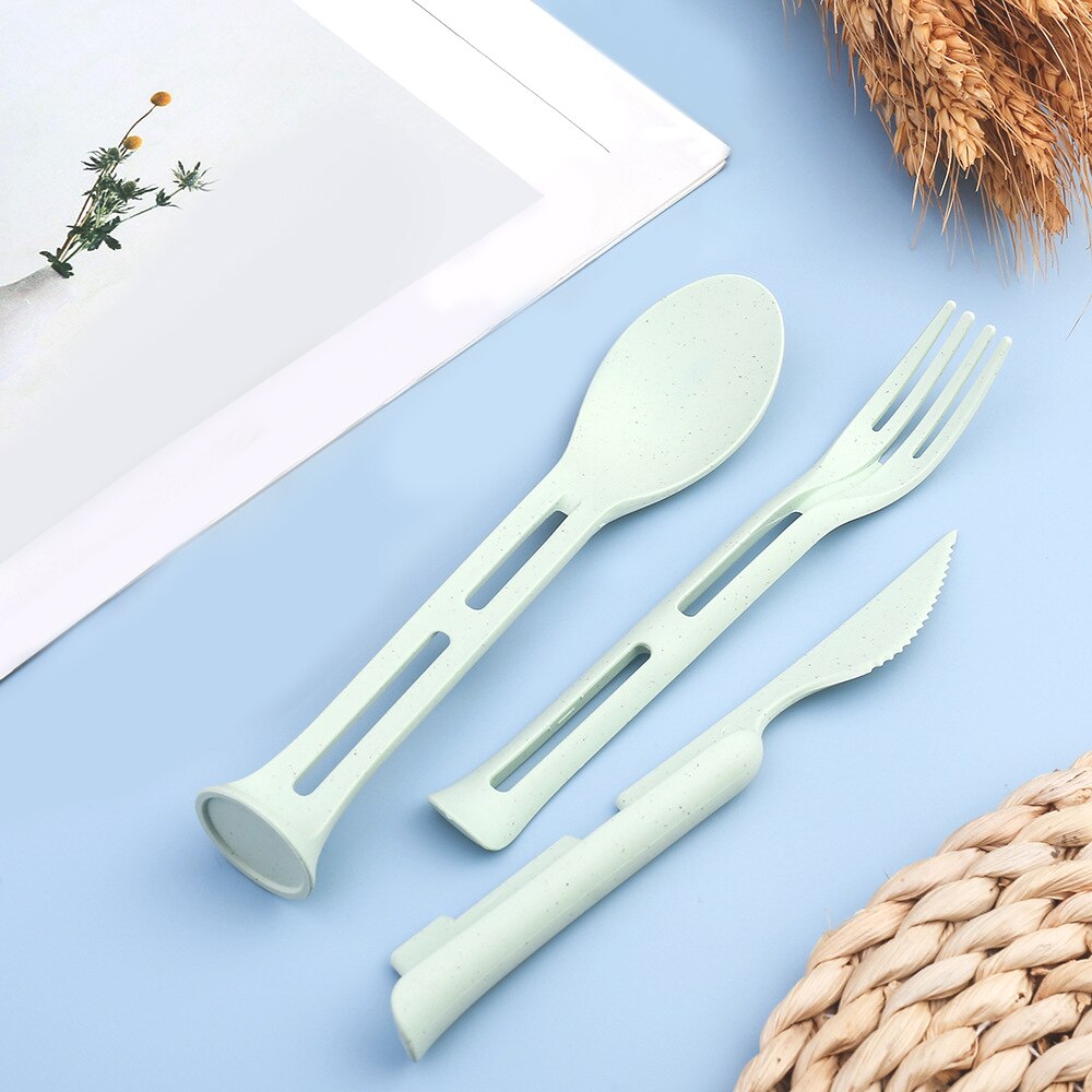 3pcs Three-in-one Portable Tableware Nordic Wheat Straw Knife Fork Spoon Set Western Tableware for Children Kitchen Accessories: Light Green