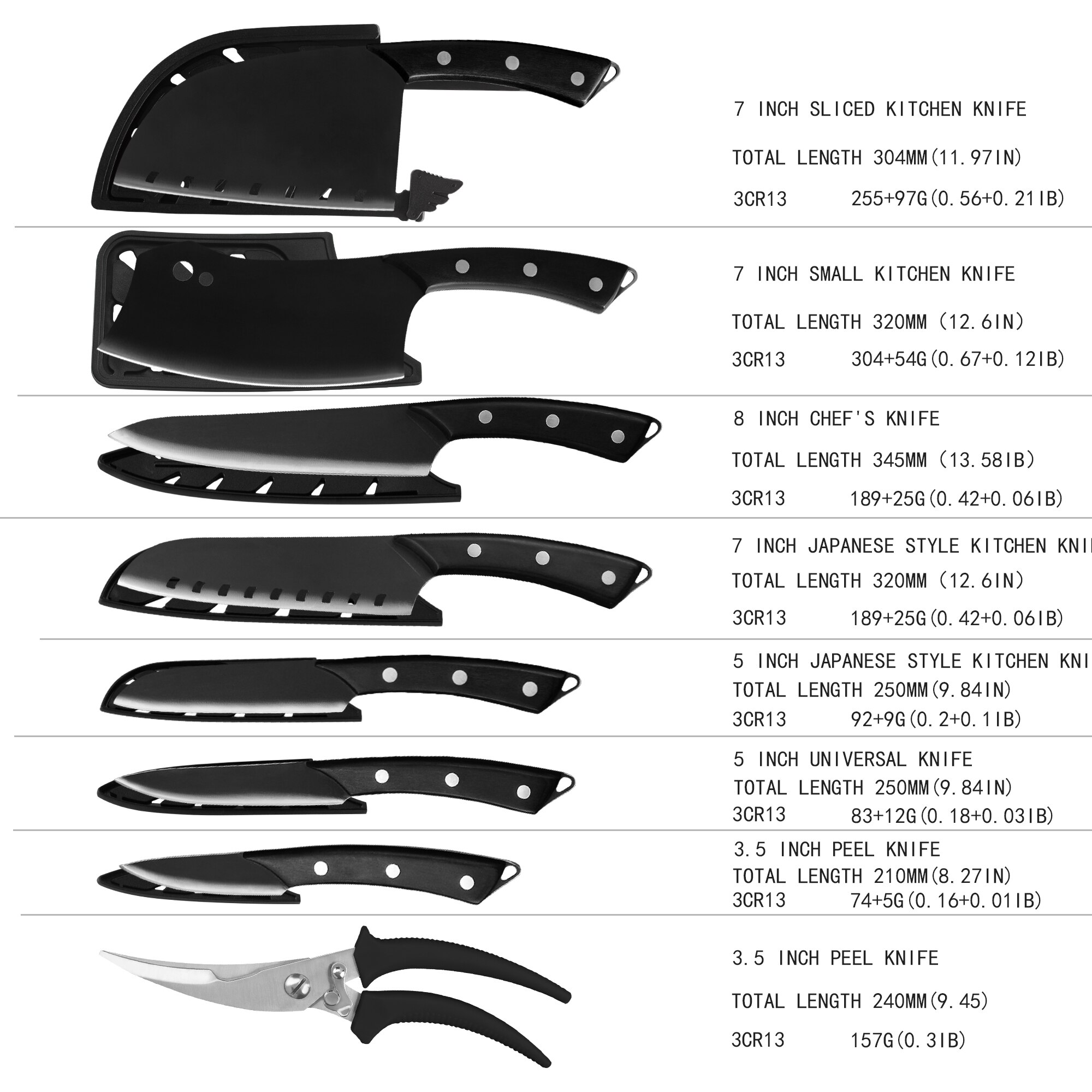 Pro Kitchen Chef Knives Set Stainless Steel Chopping Cleaver Kitchen Bone Shear Scissor Carrying Knife Bag Sharpener System