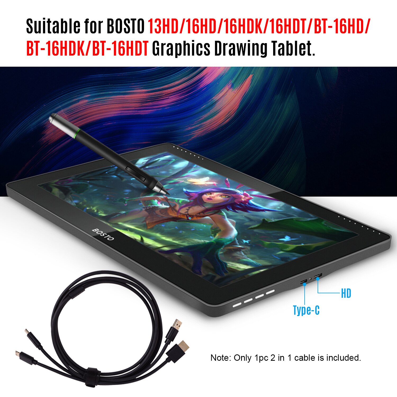 BOSTO-Cable 2 en 1 para Monitor de tableta de dibujo gráfico, Cable para BOSTO 13HD/16HD/16HDK/16HDT/BT-16HD/BT-16HDK/BT-16HDT