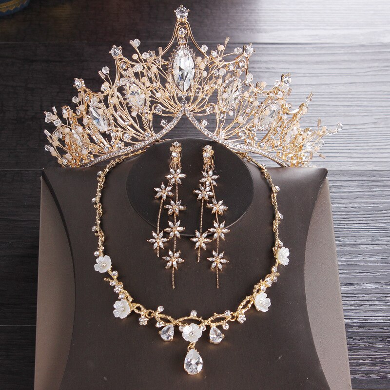 Baroque Vintage Gold Crystal Snow Bridal Jewelry Sets Rhinestone Tiara Crown Earrings Necklace Wedding African Beads Jewelry Set: 3Pcs Jewelry Set