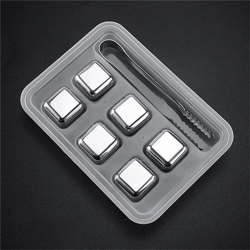 Whisky Stones Ice Cubes Set Reusable Stainless Steel Wine Cooling Cube Chilling Rock Party Bar Tool: 6 PCS with Ice Clip