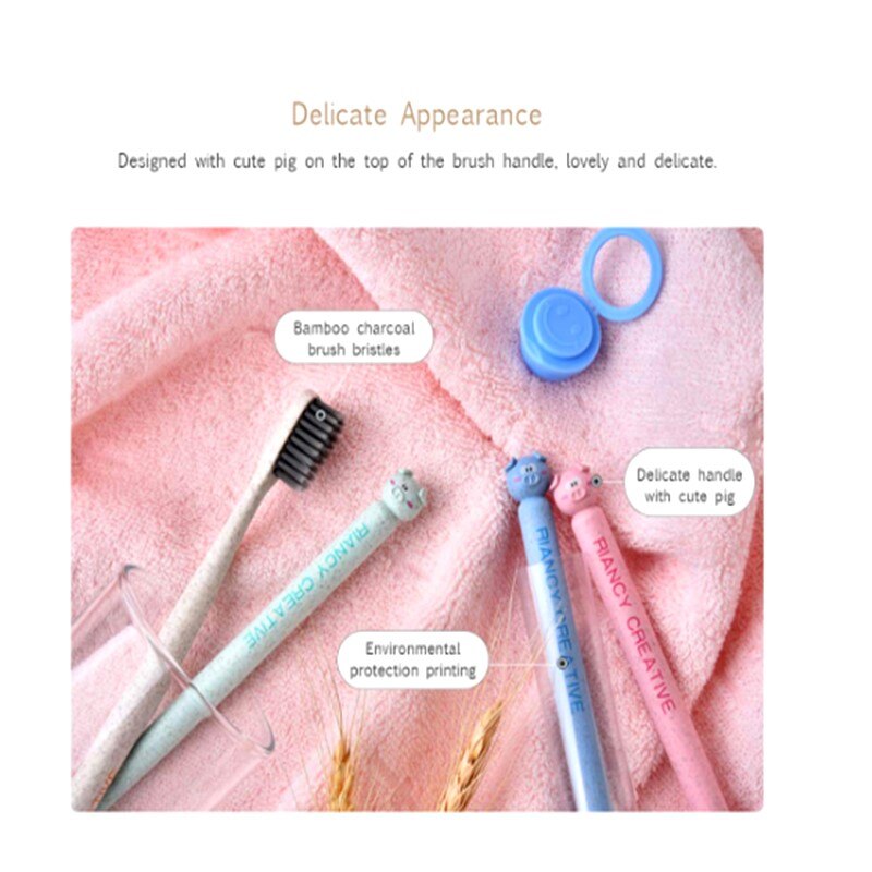 Cartoon Pig Wheat Straw Handle Toothbrush Soft Bamboo Fiber Manual Toothbrushes Sparkling Teeth Travel Toothbrush