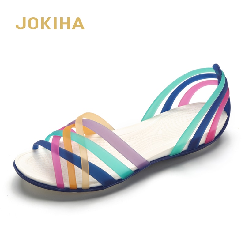 Rainbow galaretki buty kobieta kliny Sandalias kobiety sandały letnie nowe cukierki kolor Peep Toe Stappy plaża Valentine Mujer kapcie