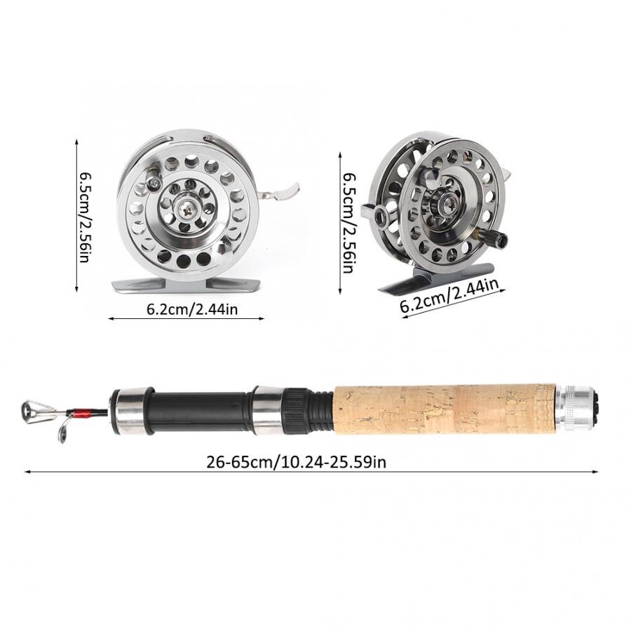 Vara de pesca telescópica mini leve portátil ao ar livre metal roda pesca no gelo carretel com alça de madeira haste acessório