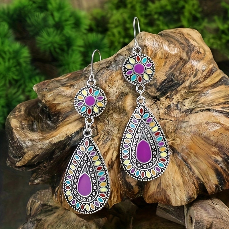 Pendientes de gota de agua de aleación étnica bohemia para mujer, pendientes colgantes de aceite de gota Multicolor Retro, joyería para diaria y vacaciones: orange
