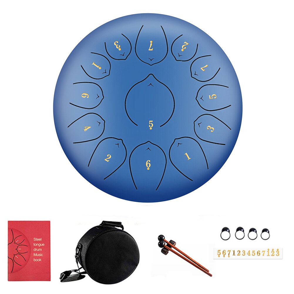 12 Inch 13 Notes Drum Kit Steel Tongue Drum Empty Spirit Drum Flower Style With Mallets Percussion Instrument Accessories: Blue